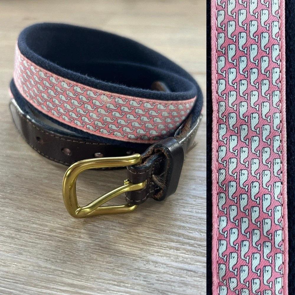 Vineyard Vines Pink & Blue Whale Belt Size 30‎ Preppy Whale AOP Solid Brass